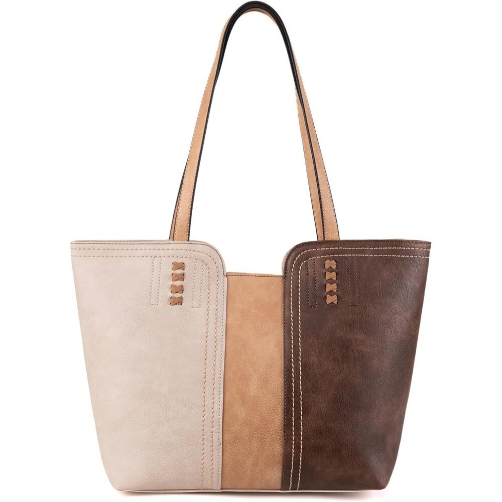 Women's Three Chocolate Leather Classic Top Handle Zipper Pockets Tote Bag